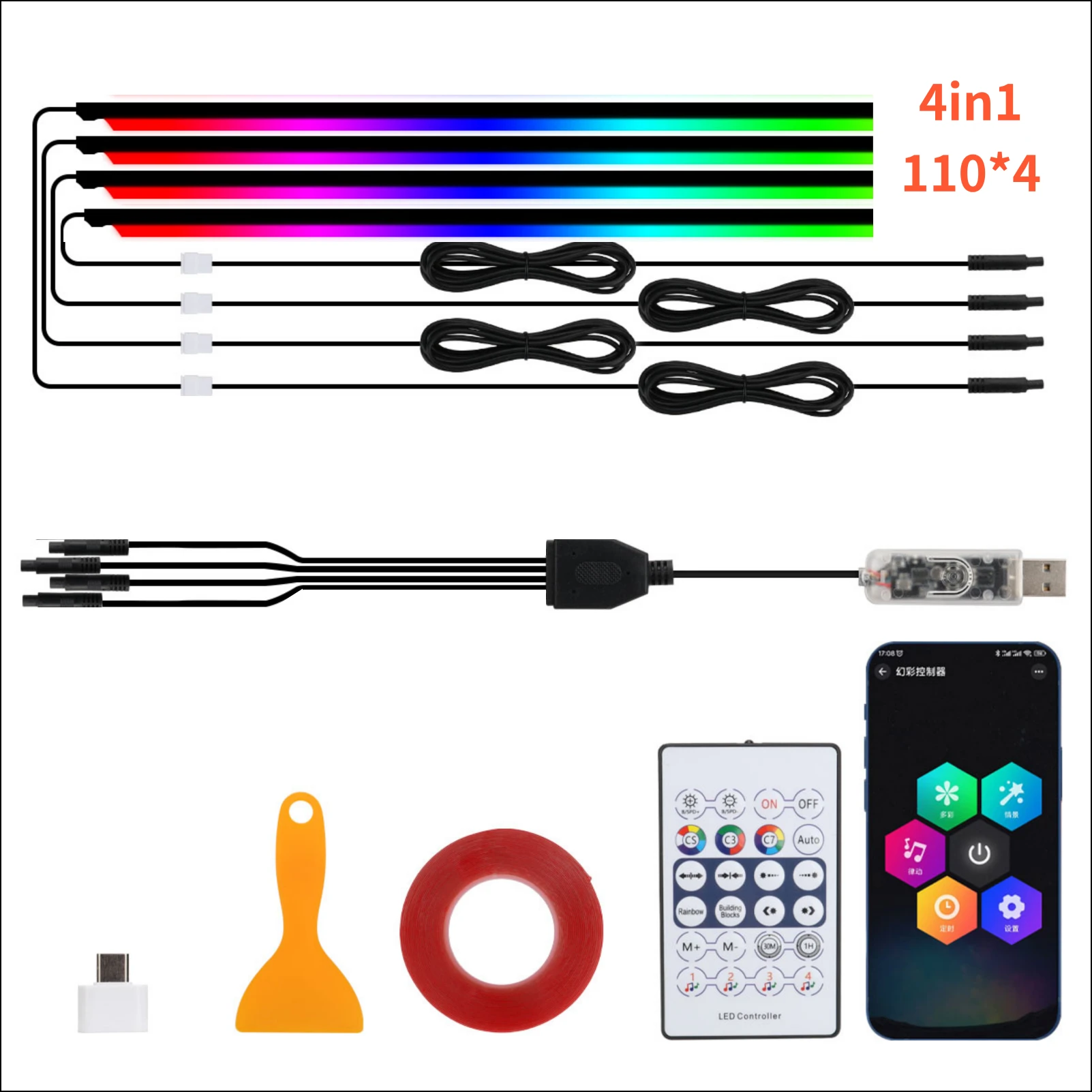 NONE 110 cm 43,31 "Auto Schiebedach Umgebungslichter LED Dachfenster Symphony RGB Innen Acryl Streifen Dekoration USB APP Fernbedienung 5