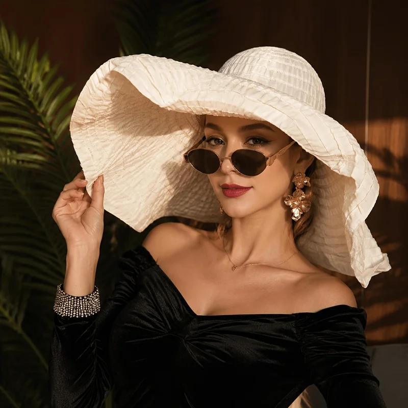 Women Wide Brim Straw Foldable UV Beach Hat Outdoor Travel Pool Picnic Garden Lightweight Summer Poolside Vacation Casual Wear