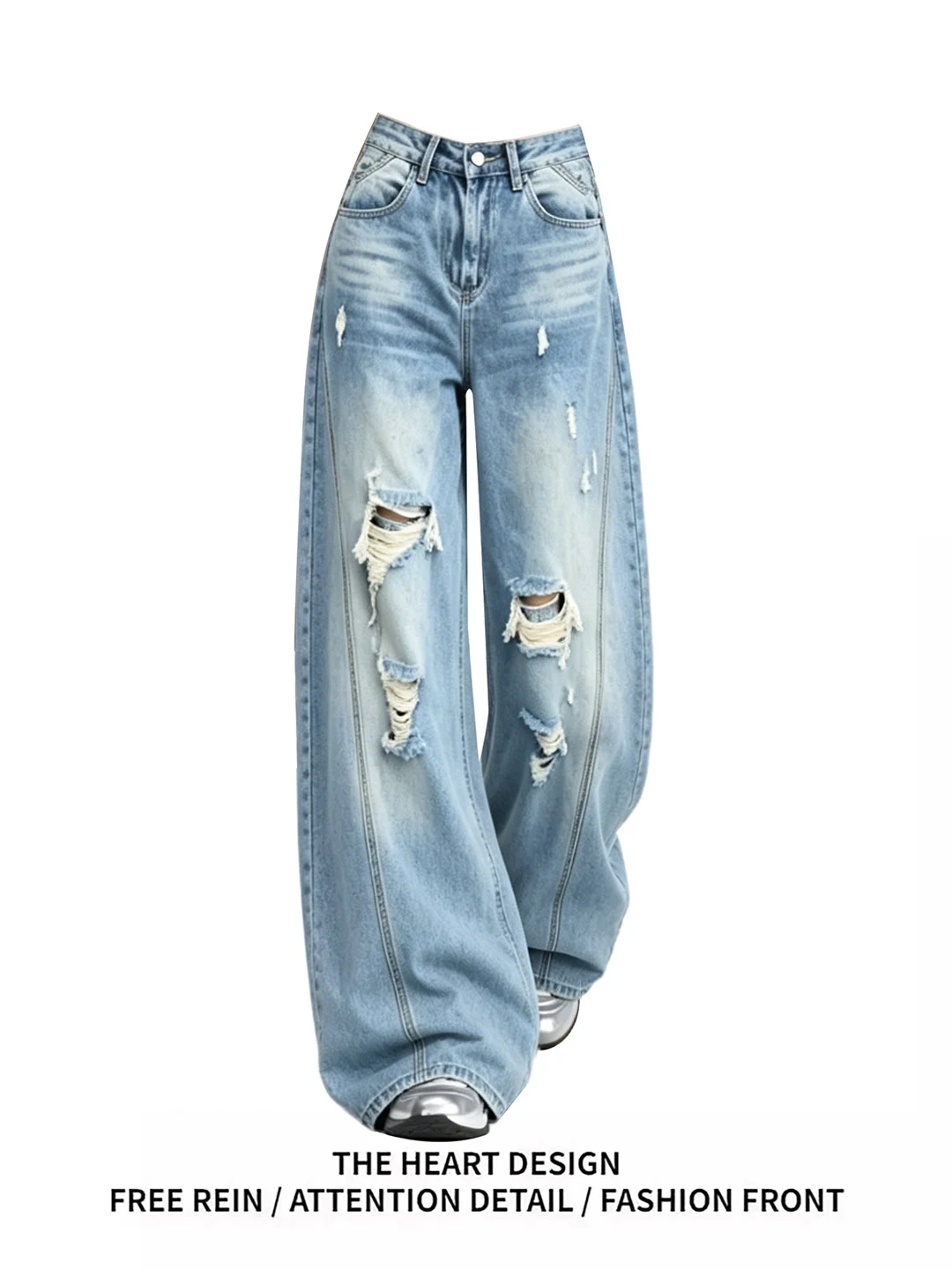 

Retro American Blue Hole Wide Leg Jeans Summer New Fashion High Waist Slim Straight Floor-Length Pants Women's Casual Jeans