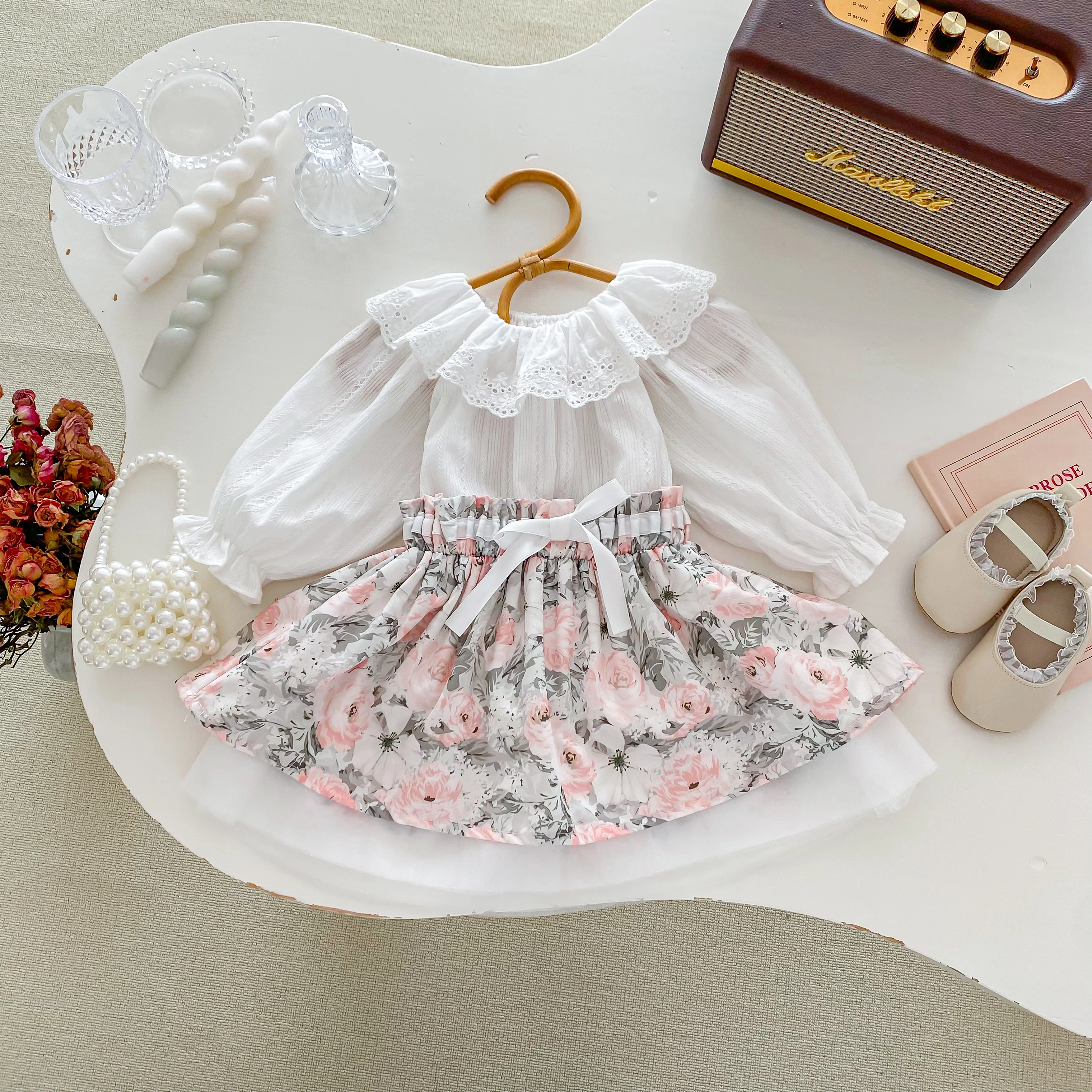 Spring Newborn Girl Suit White Lace Doll Collar Shirt + Printing Flower Skirt Baby Clothes 0-3 Years Old