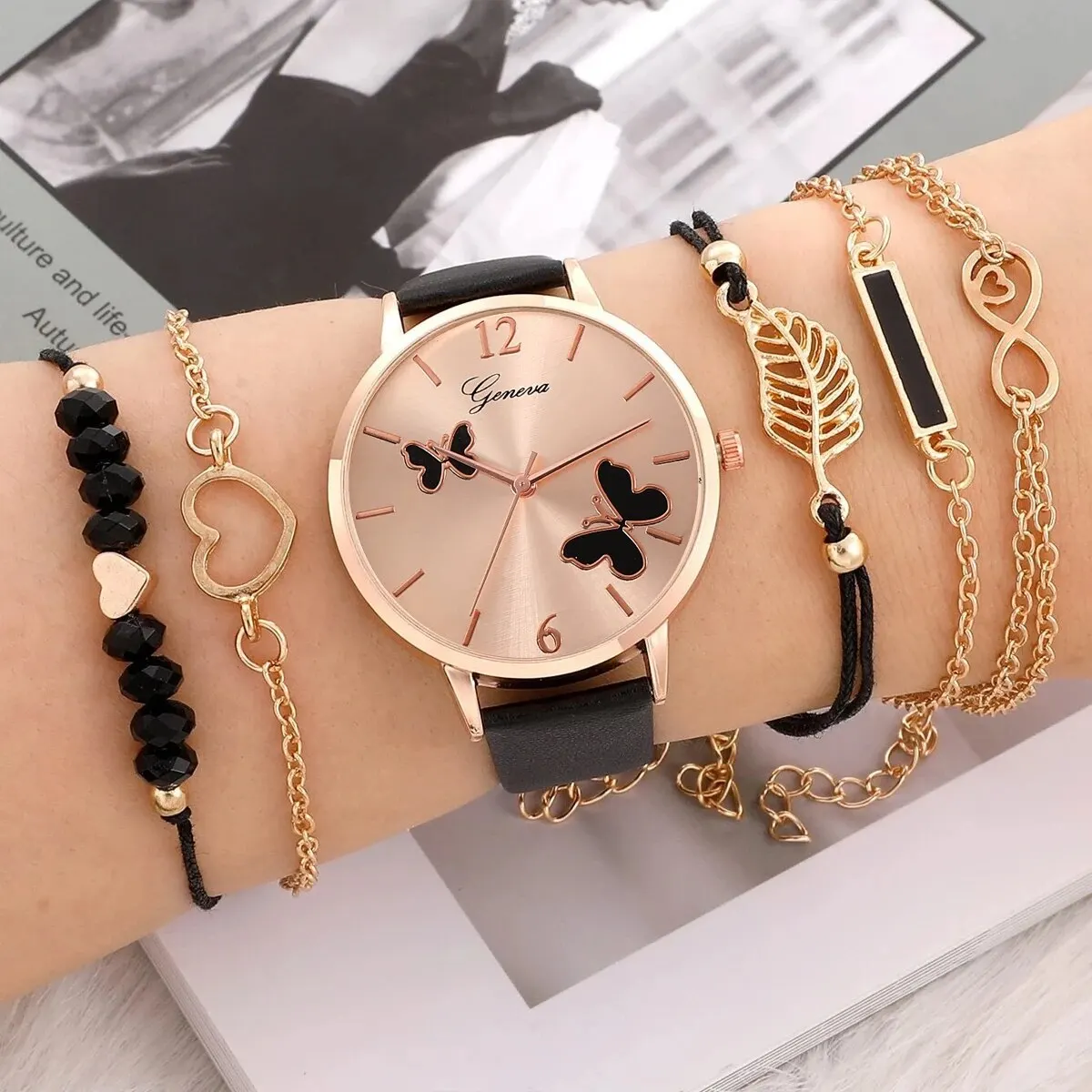 Six-piece High-end Leather Disc Cute Watch Set For Girls