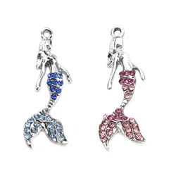 5PC Handmade Rhinestone Mermaid Princess Charms Pendant For Jewelry Making Alloy Crystal Fishtail Diy Necklace  Findings 26X10mm