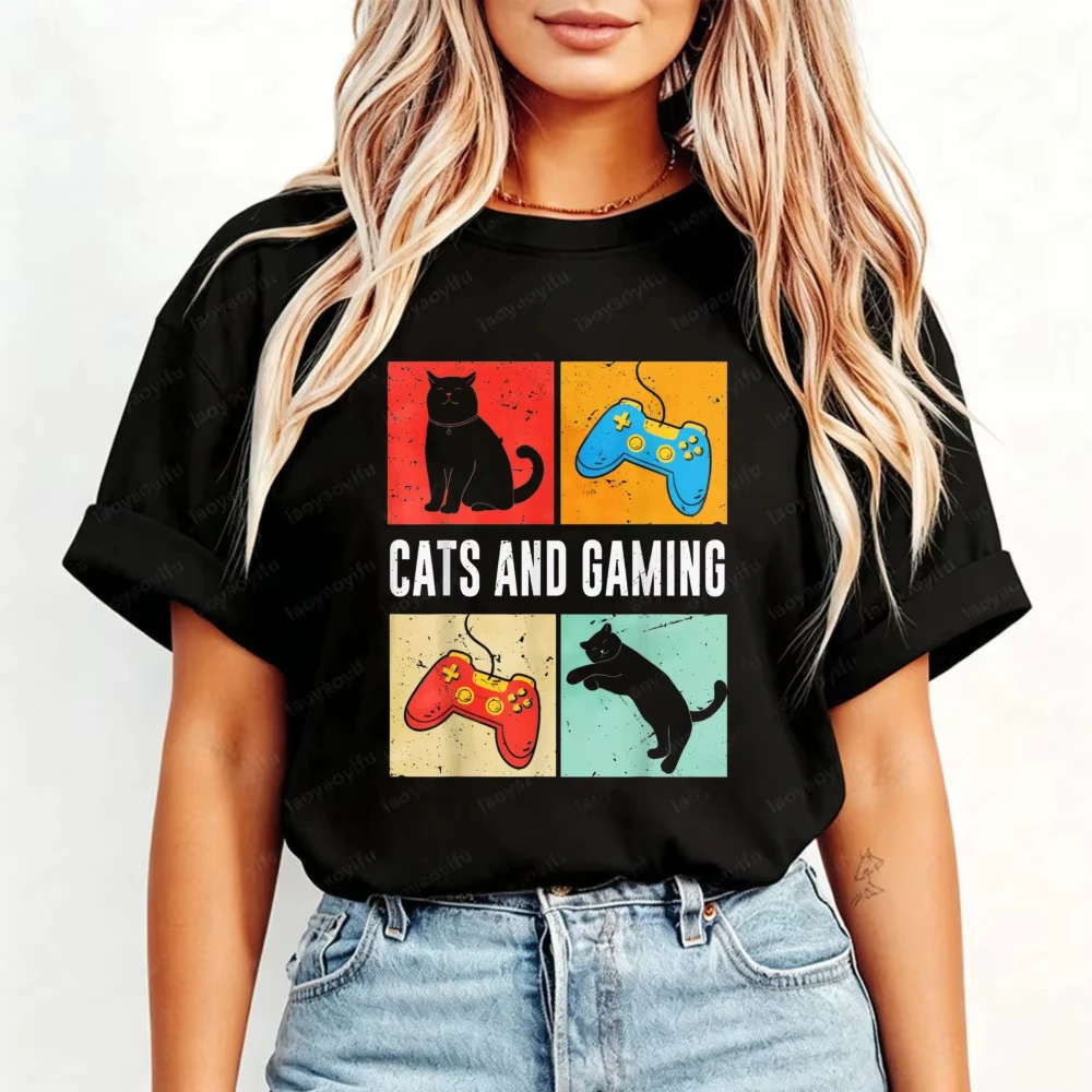 Cats and Gaming for The Cat Lover Gamer Video Game Player T-Shirt E-sport Pet Lover Streetwear Tops Vintage Game Controller Tees