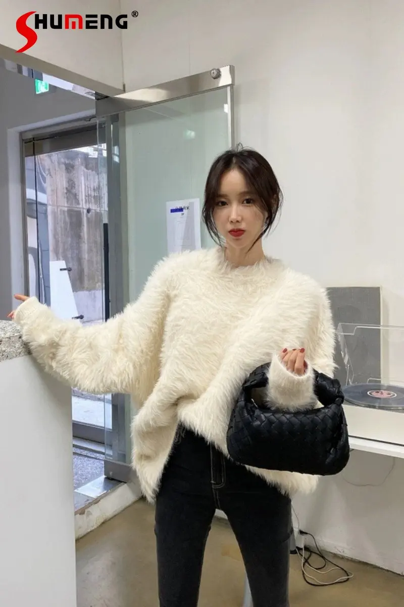 

Long Sleeve Mohair Sweater Women's Autumn Winter New All-Matching Thickened Plush Age-Reducing Round Neck Loose Slim Pullover