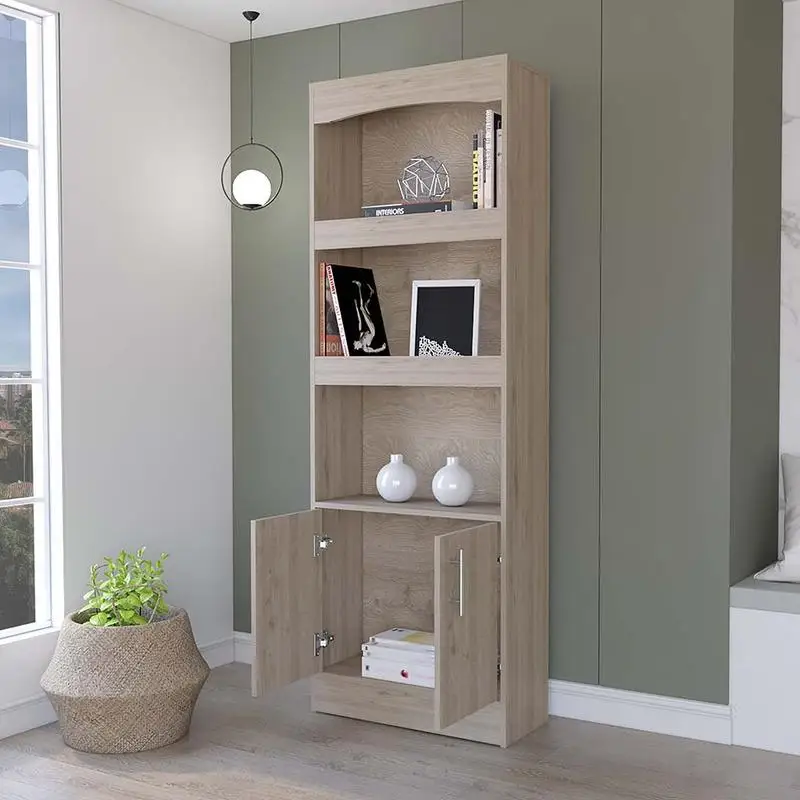 Three-Shelf Bookcase with Double Door Cabinet for Storage & Display