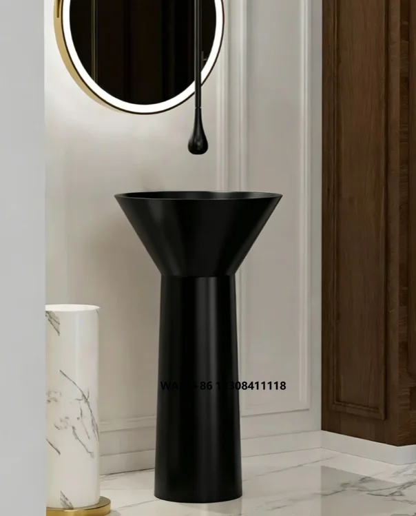 WEIHAO Black Funnel Shape 304 Stainless Steel Integrated Column Wash Basin Corrosion Resistant Anti-rust and Anti-limescale.