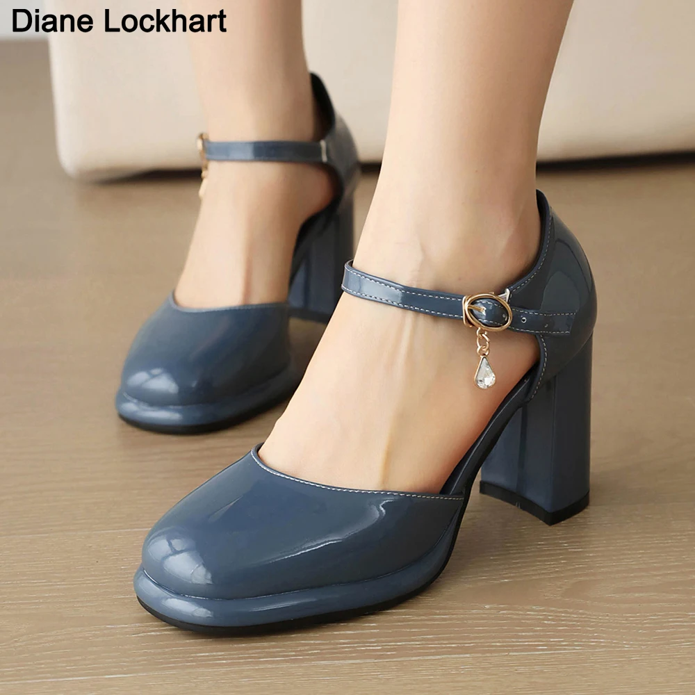 free shipping New Platform Square Toe Lady Pumps Blue Women Shoes 8cm Chunky Heels Buckle Pumps Size 33-45 Chaussures de Femme