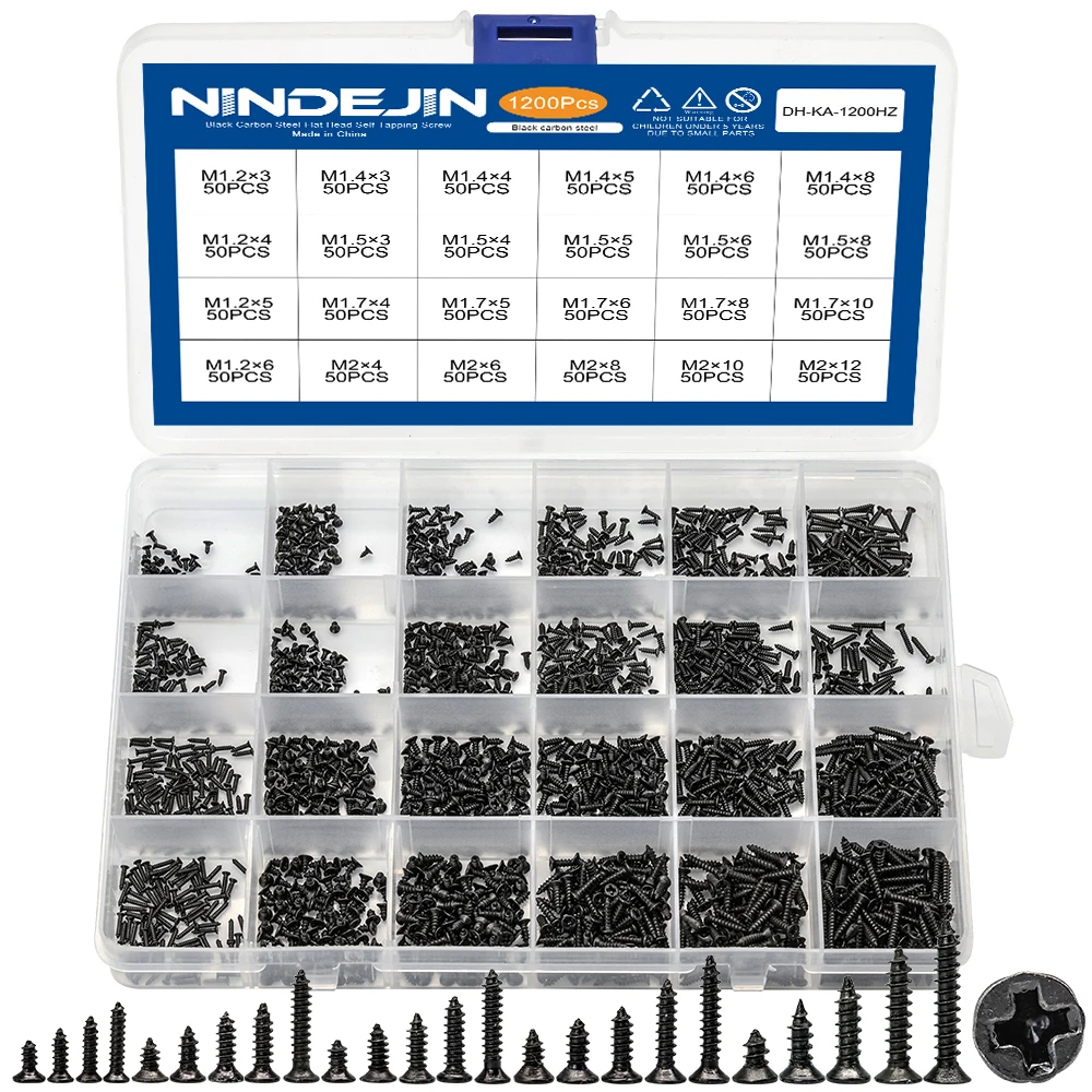 Tornillos de cabeza plana avellanada chapados en negro, con Cruz empotrada, M1.2, M1.4, M1.5, M1.7, M2, acero al carbono, 1200 unids/set por juego