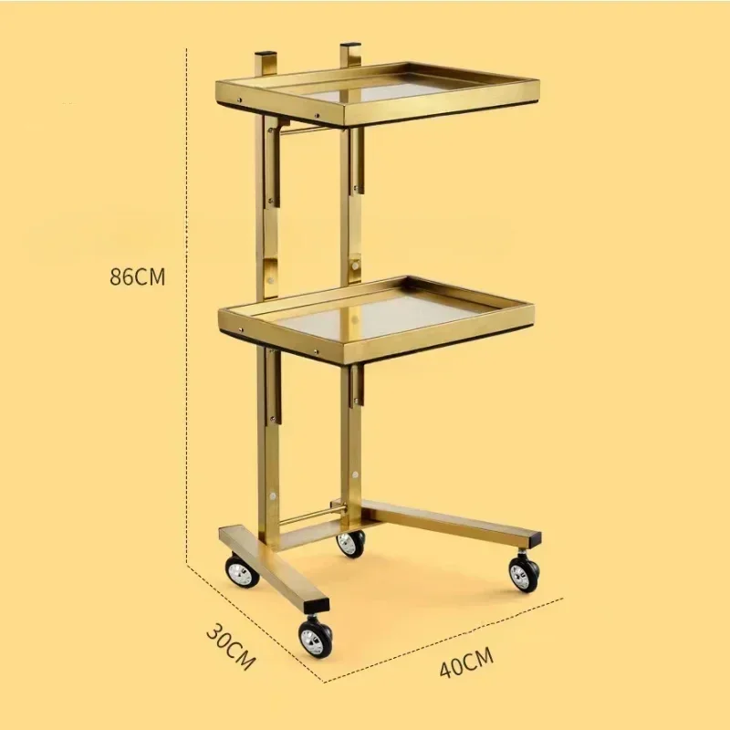 Folding Stainless Steel Beauty Trolley Auxiliary Cart Wheels Beauty Salon Trolley Cart Barber Shop Double Layer Trolleys