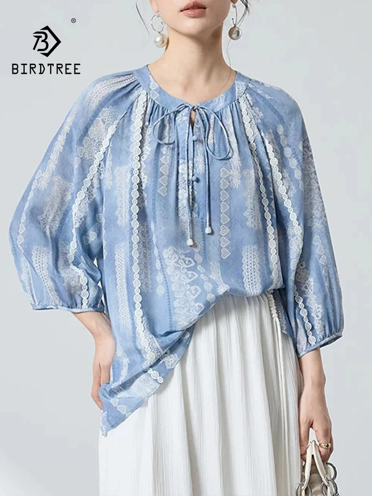 

BirdTree-15MM 100%Real Silk Double Crepe Elegant Shirt, 3/4 Sleeve Print, Women Temperament Loose Blouse, 2026 Summer T63740CC