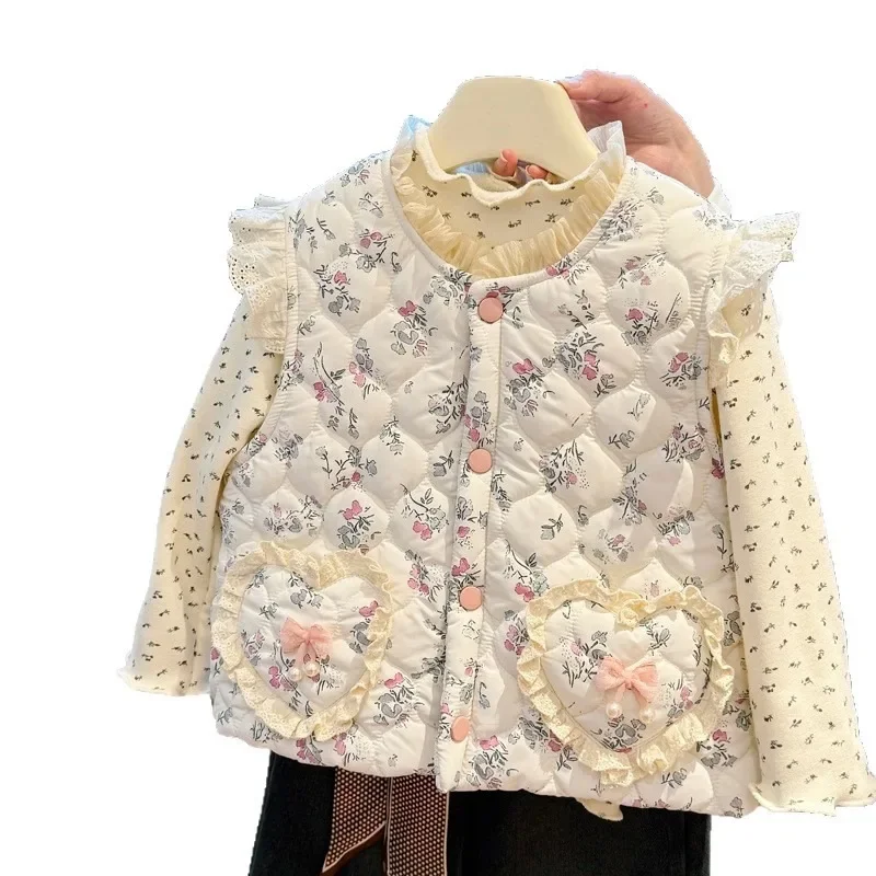 UNITIM Herbst Winter Kinder Mädchen Weste 2-8 Jahre Mädchen Blumendruck Ärmellose Jacke Lose Verdickte Warme Kinder Mädchen Oberbekleidung – Detail 5