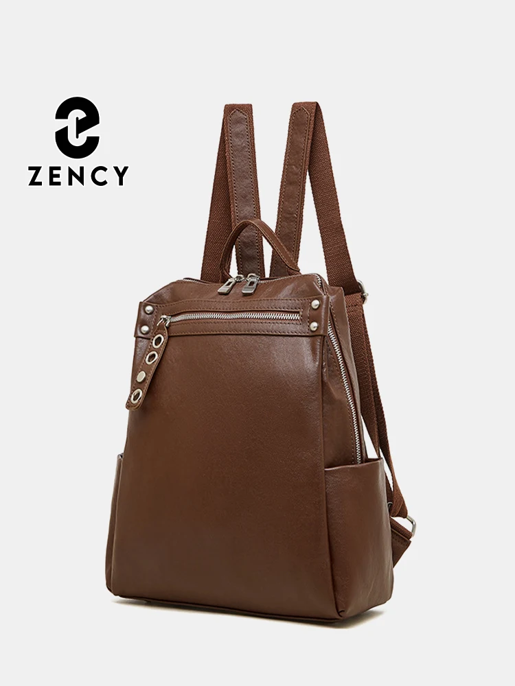 Zency Retro Backpack Women's Travel Bag Vintage Rucksack Vegetable Tanned Cowhide Leather Top Layer Designer Bag