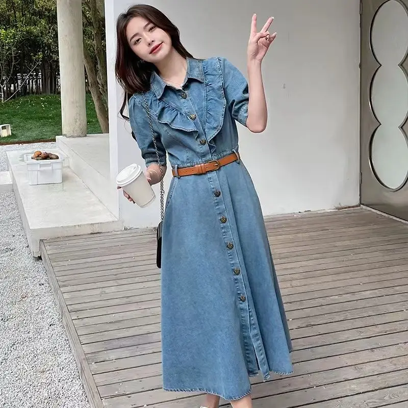 Korean For Women's Denim Dress Summer New Single-Breasted Chic Jeans Dress Short Sleeve Elegant Streetwear Long Dresses Female