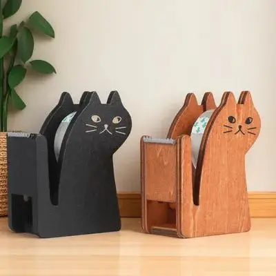 

2pcs Tape Dispenser Adorable Cat Shaped Wood Material Smooth Edge Office Use Vintage Design
