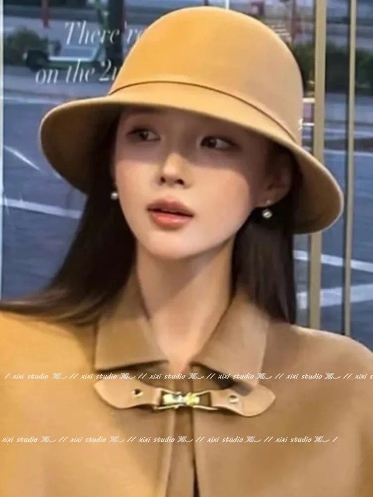 Elegant Woolen Fisherman Hat for Women Autumn Winter Atmosphere Feeling Rich Girl Hat Small Fragrance Style Wide Brim Cap