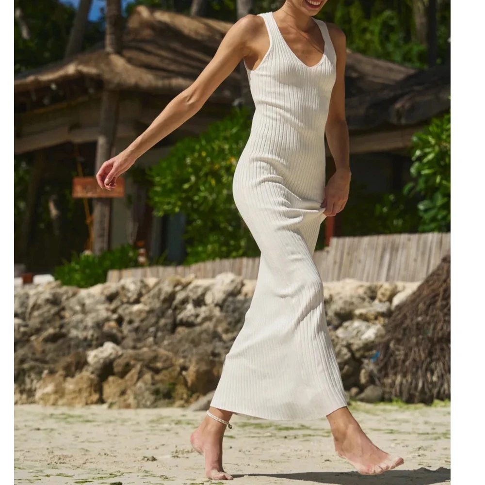 2025 nuove donne di arrivo senza maniche con scollo a V lavorato a maglia abito lungo Boho maxi abito abiti vestiti