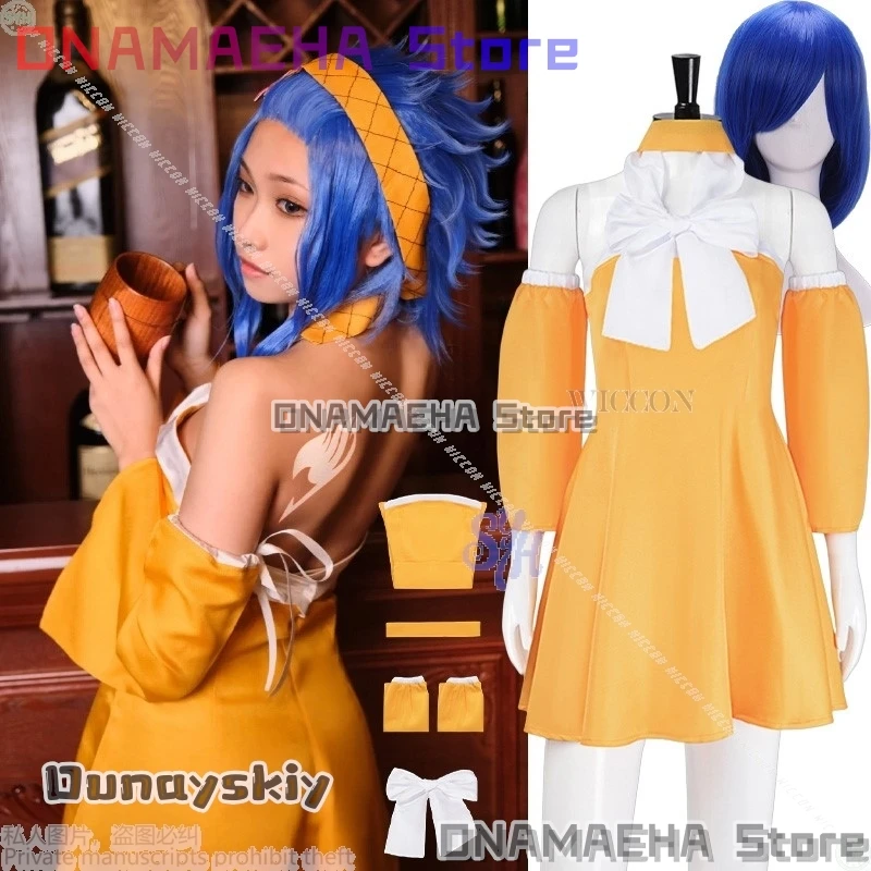

Fairy Anime Cosplay Levy McGarden Costume Kawaii Orange Dress Tail Lovely Uniform Bow Lolita Blue Wigs Halloween Woman costume