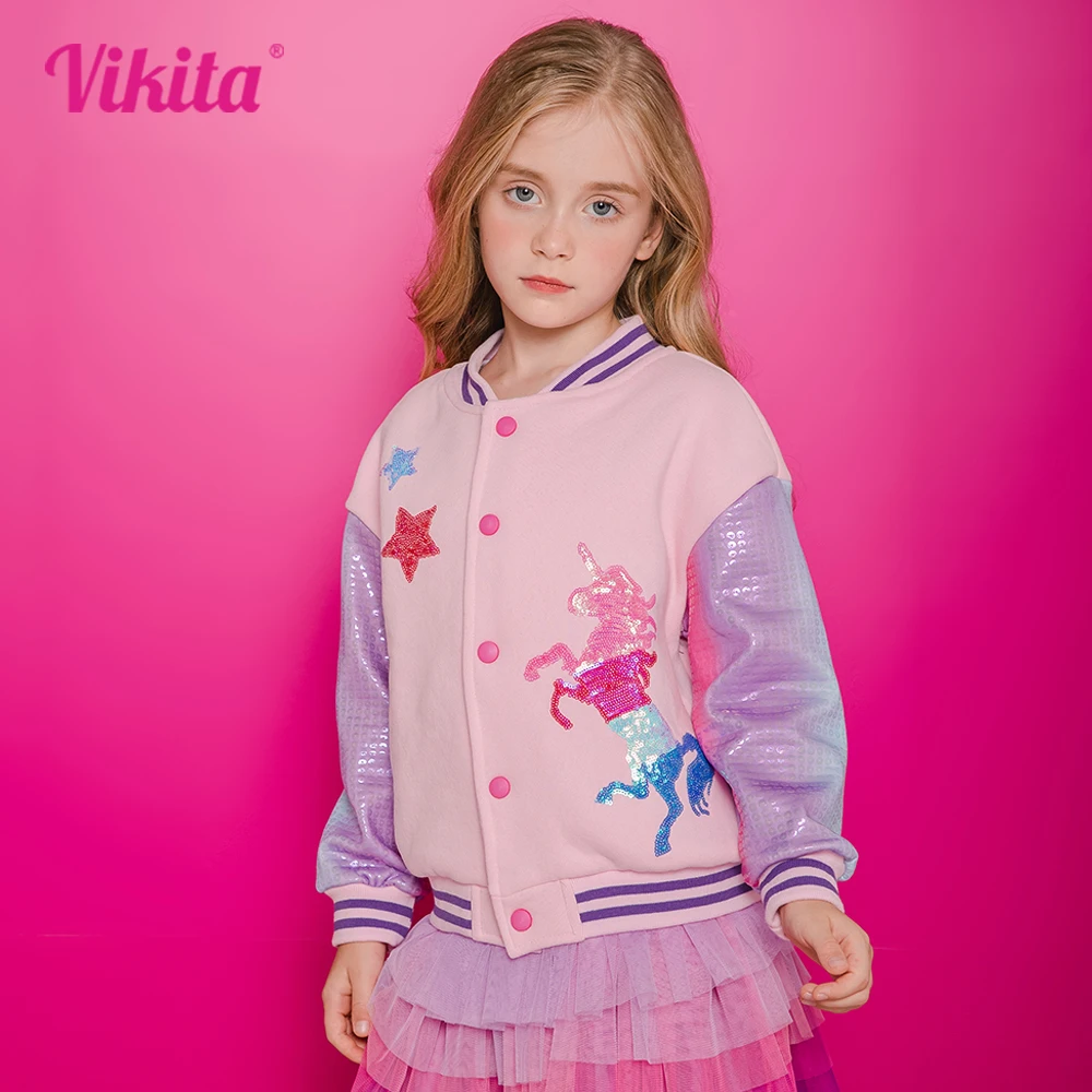 VIKITA Girls Baseball Jacket Teenagers Sports Casual Outerwear Autumn Winter Unicorn Star Sequins Appliqued Thick Warm Jackets