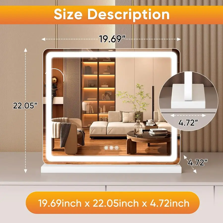 20x22 LED Vanity Mirror with Lights, Smart Makeup Mirror with Touch Control, 3Color Lighting