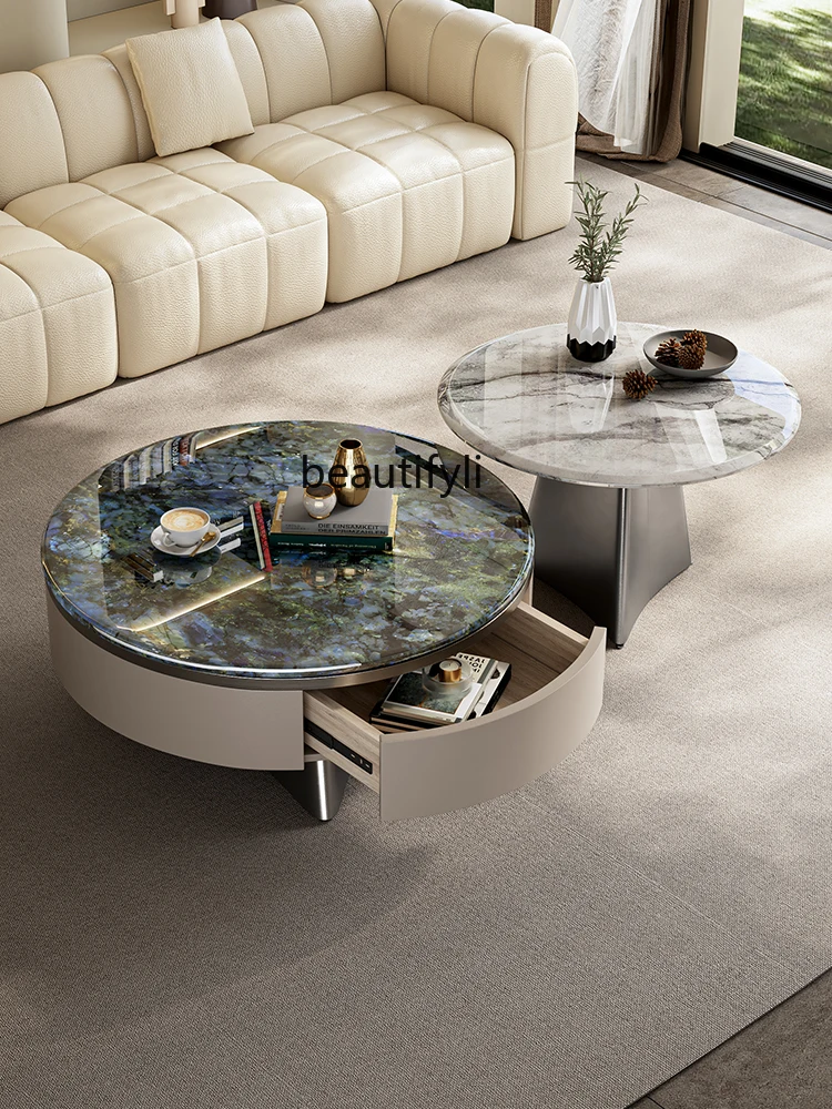 Round Tea Table Living Room Imitation Luxury Stone Microlite Black-Capped Kingfisher High and Low Combination Side Table