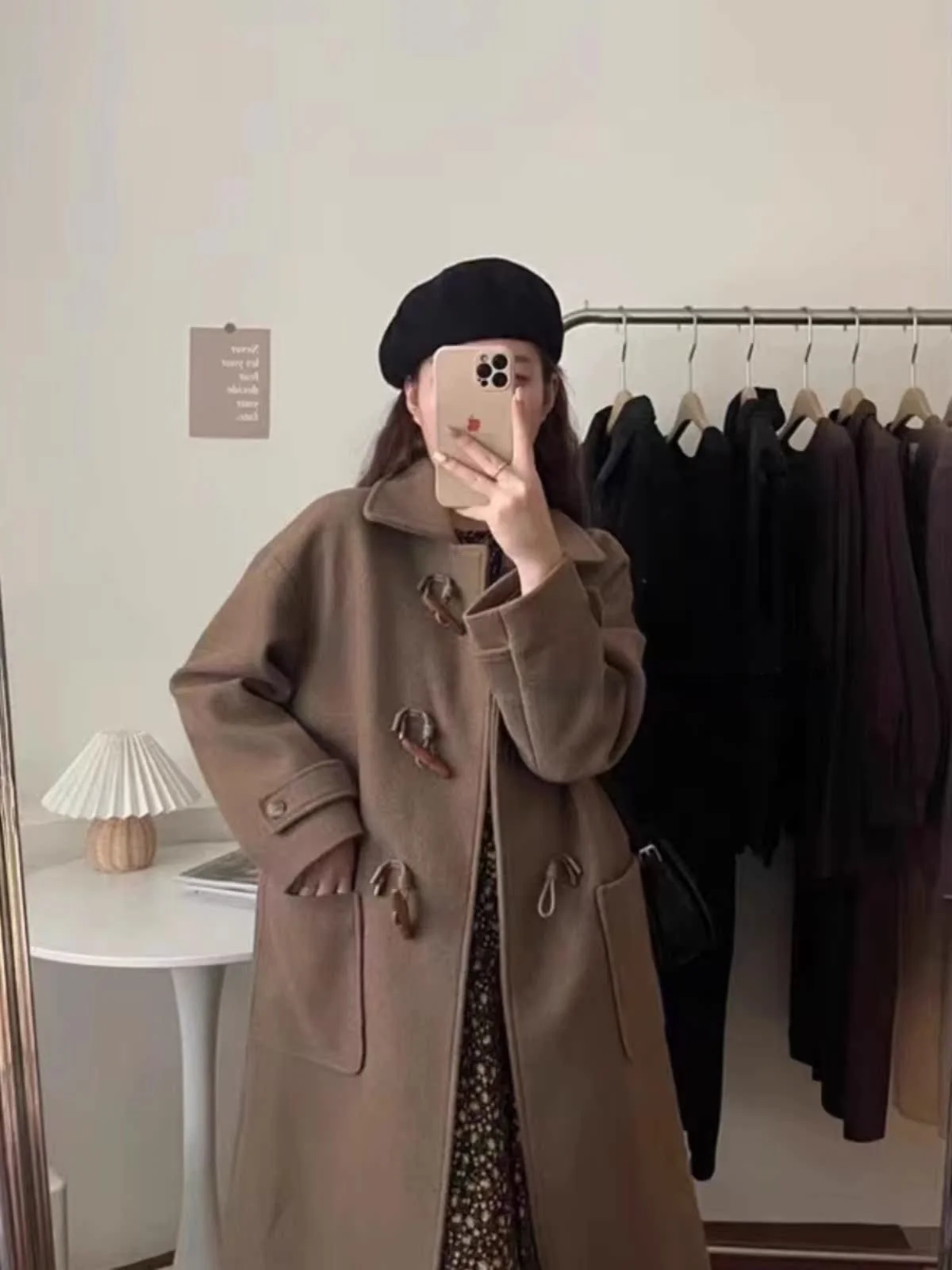 

Hebe Sle Brown Horn Button Woolen Coat Women Winter Small Size Ele Korean Thiened Mid-Length Tweed Jaet