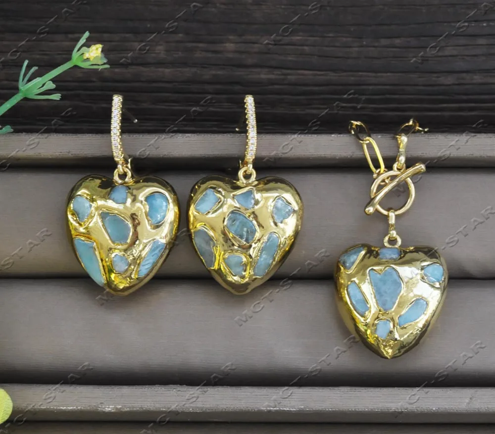 MTC·STAR  Z13023 32mm Natural Electroplated Blue Aquamarine Larimar Heart Shaped Chain Pendant Earring