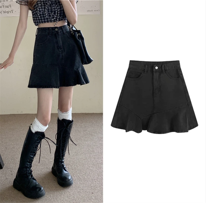 

Летняя джинсовая юбка с высокой талией для женщин больших размеров, черная, утягивающая, А-силуэт, повседневная, с пуговицами