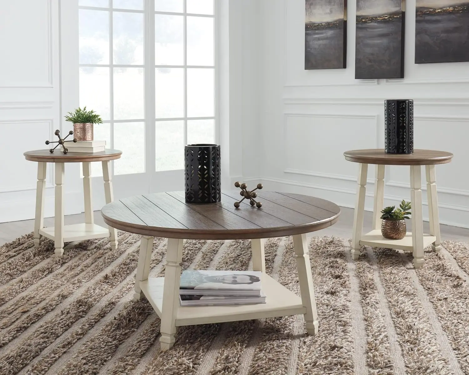 Bolanbrook Farmhouse 3-Piece Table Set, Includes 1 Coffee Table and 2 End Tables with Lower Shelf, Antique White & Brown