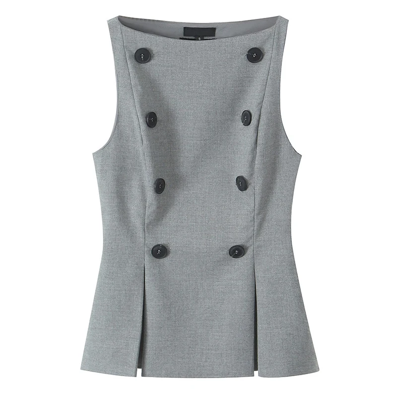 Office Lady Fashion Plain Vest Tops Summer Women Strap Sleeveless Double-breasted Buttoning Mini Tops Female Elegant Streetwear