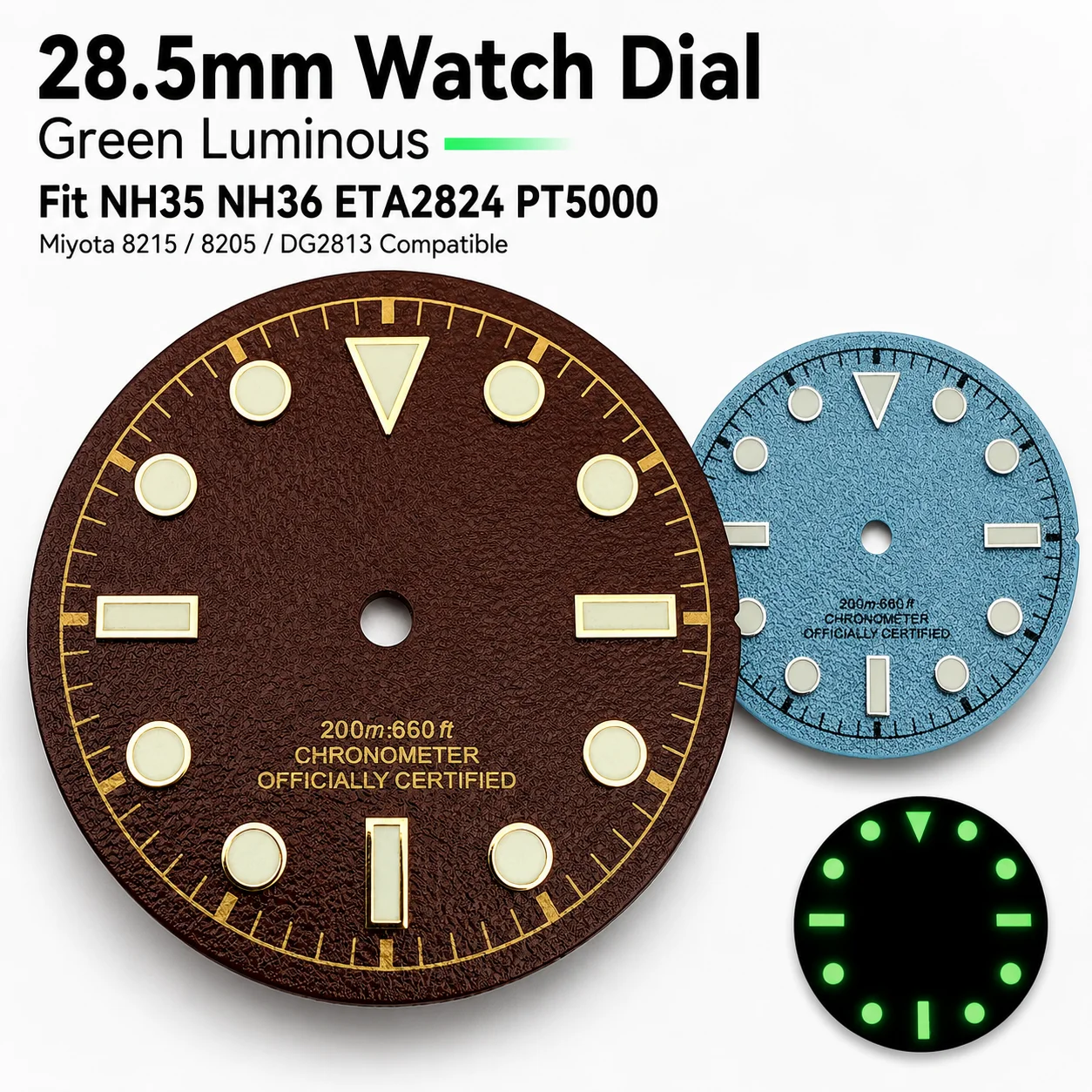 

28.5mm Blue Red Watch Dial Green Luminous No Date Fit NH35 NH36 ETA2824 2836 PT5000 Miyota 8215 8205 DG2813 Automatic Movement