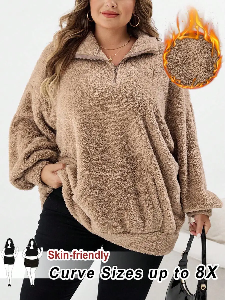 

Женская флисовая толстовка больших размеров на молнии до середины груди с заниженной линией плеча и карманом, теплая, для осени и зимы