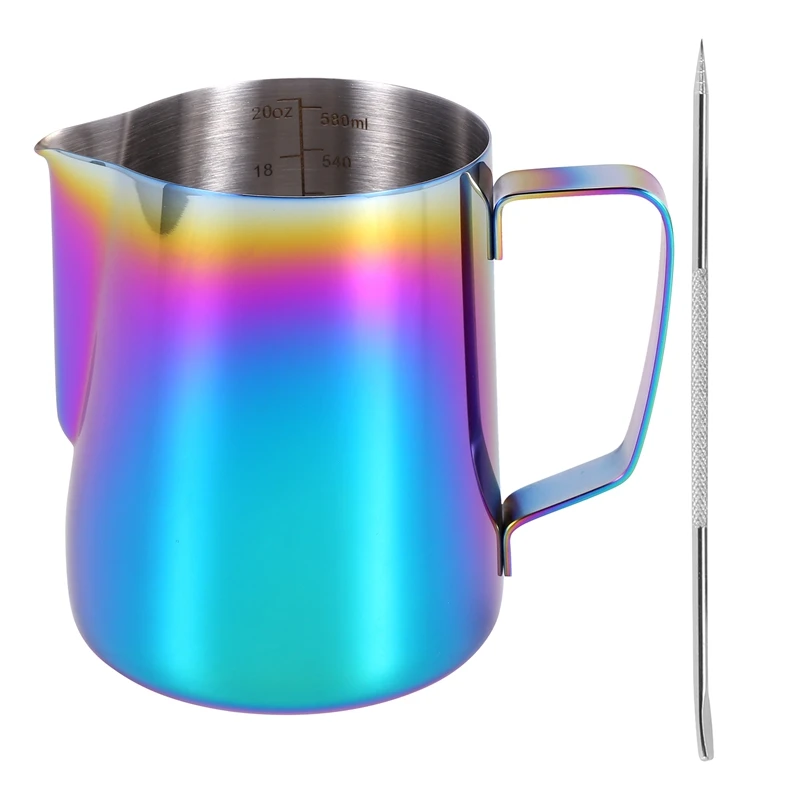 

20 Oz Milk Frothing Pitcher With Decorating Art Pen, Colorful Stainless Steel Milk Foamer Jug Coffee Steaming Cup