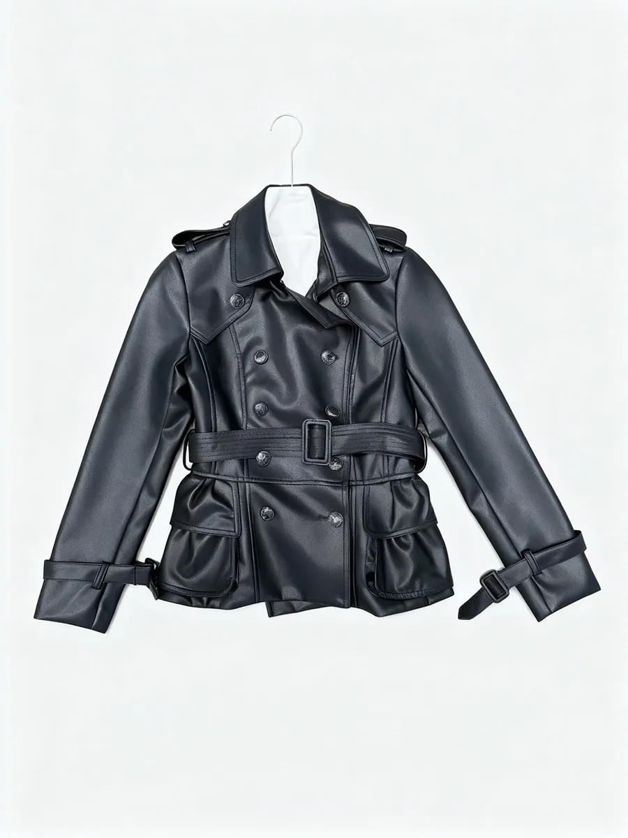 TWOTWINSTYLE Solid Slimming Spliced Lace Up Basics Trenchs for Women Lapel Long Sleeves Patchwork Pocket Leather Trench Female