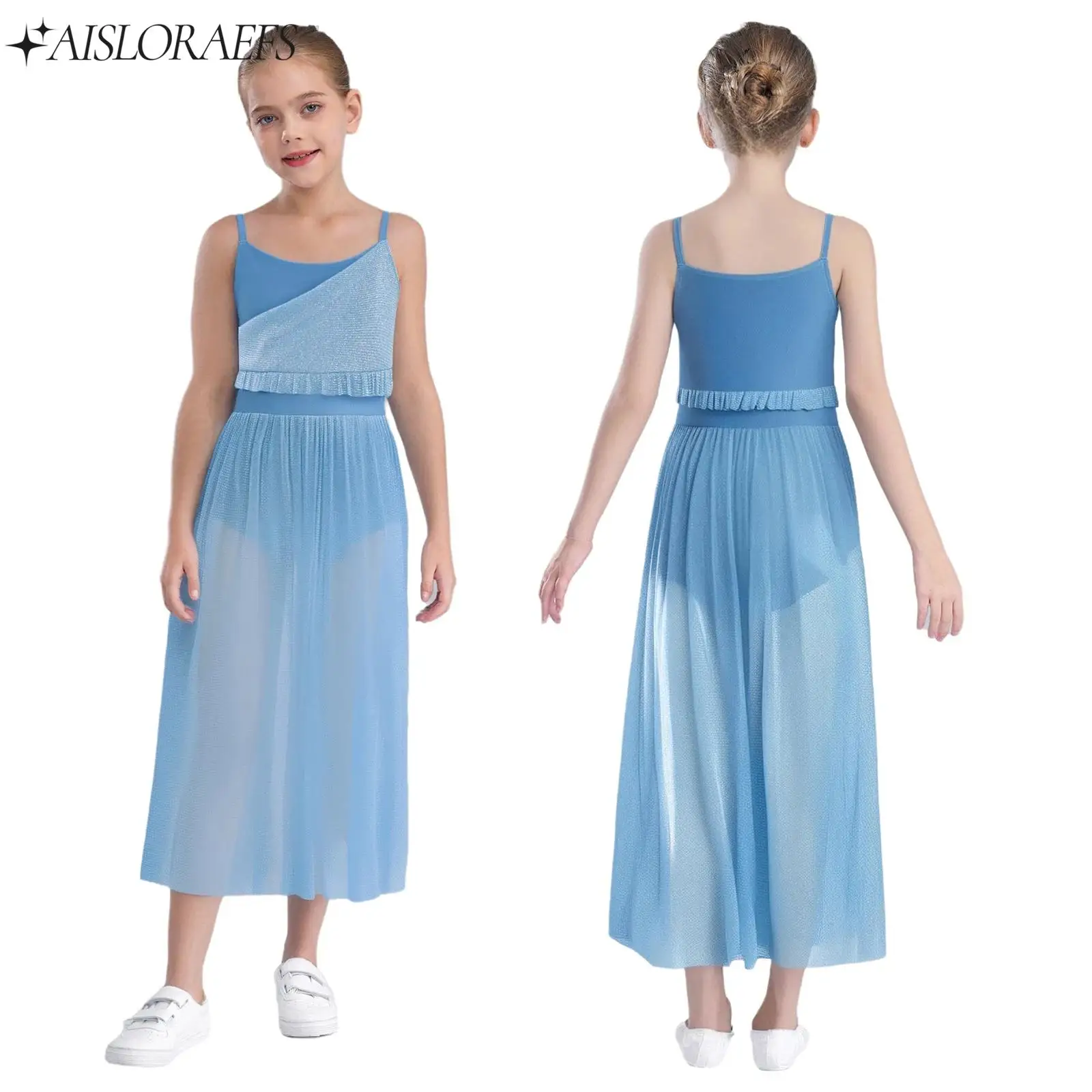 

Kids Girl Lyrical Dance Performance Costume Sleeveless Sides Split Fashion Glittery Mesh Dress Contemporary Modern Dance Clothes