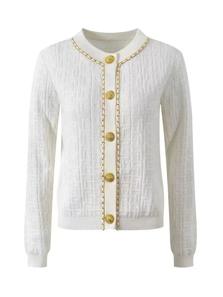 

Stylish Jacquard Knit Sweater Cardigan Women Autumn Winter Long Sleeve O-neck Gold Chain Knitwear Tops Vintage Elegant Jumpers