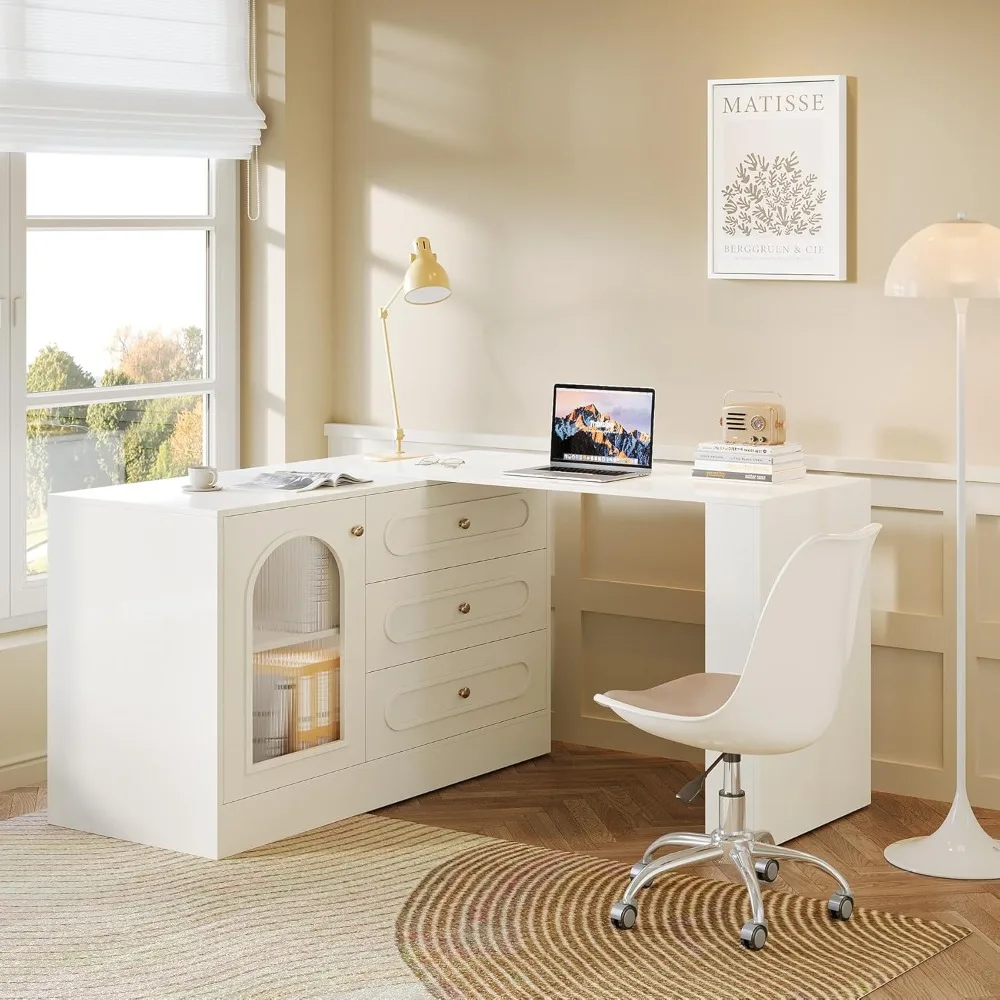 

L-shaped office desk with 3 drawers, corner desk, small space storage, modern corner computer desk