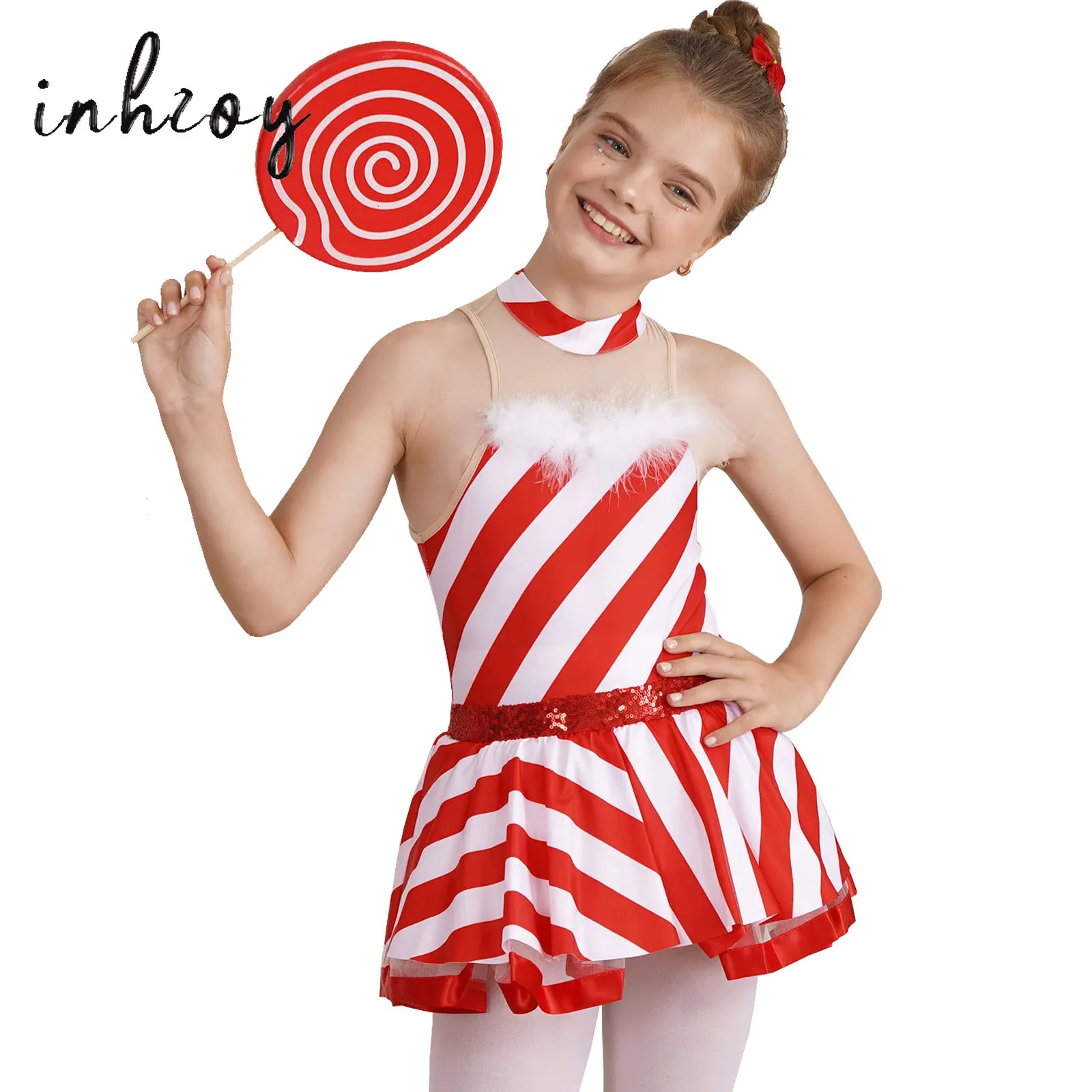 Kids Girl Sequins Striped Christmas Dance Costume Candy Cane Santa Claus Leotard Dress Ballet Tutu Figure Ice Skating Dancewear