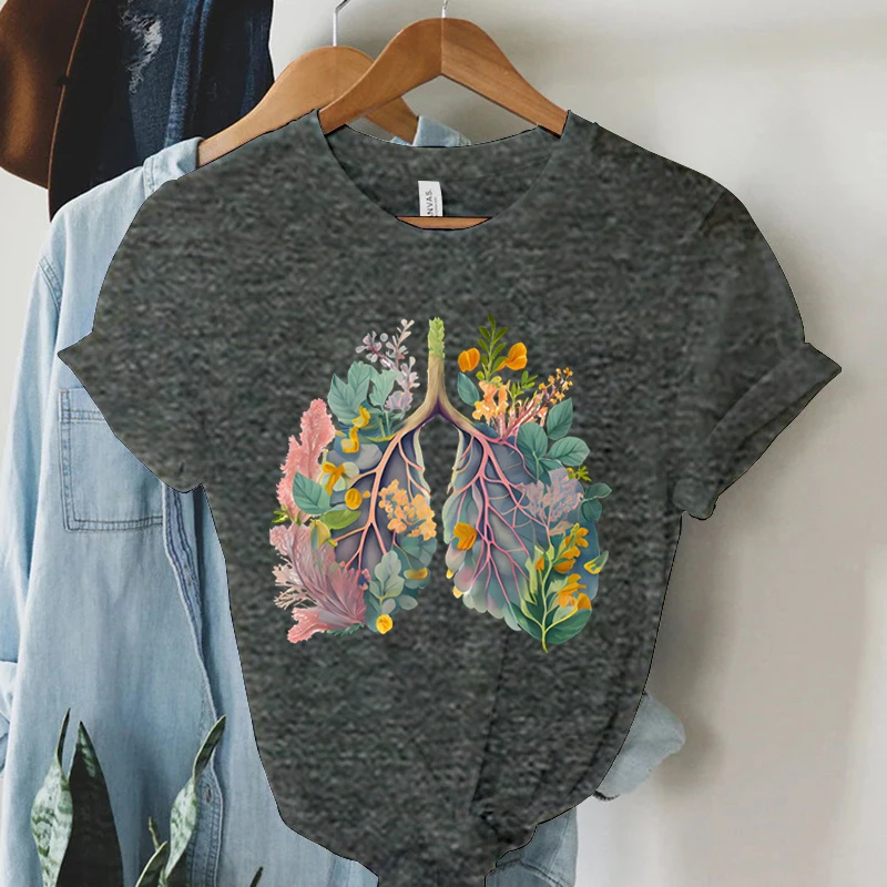 Colorful Anatomical Heart Lungs T-shirt Women Plant Floral Graphic Anatomy Tshirt Top Funny Cardiac Nurse Gift Summer Shirt 2024