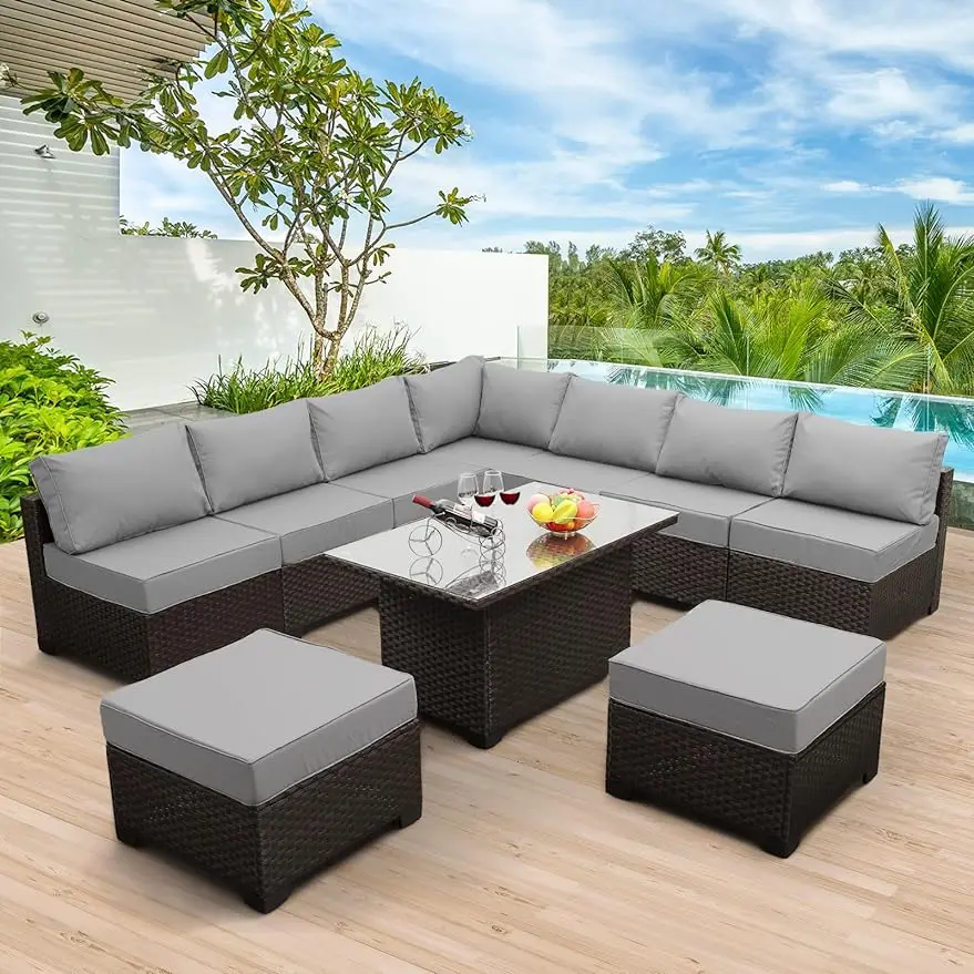 

Outdoor Patio Rattan Set PE Wicker Sofa Chair with Glass Top Storage Table Furniture Cover and Non-Slip 5" Thick Grey Cushion