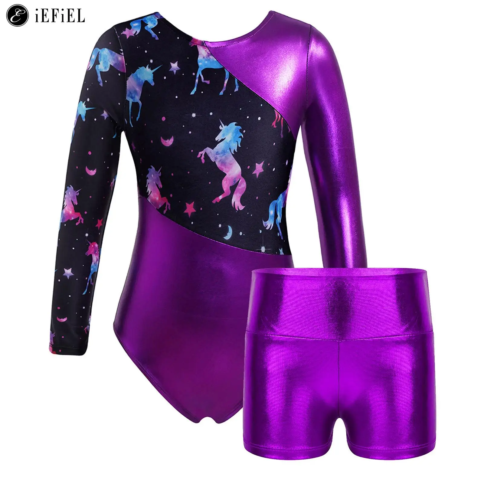 

Kids Girls Long Sleeve Ballet Dance Gymnastics Leotard Bodysuit with Shorts for Training Exercise Tumbling Competition Sports