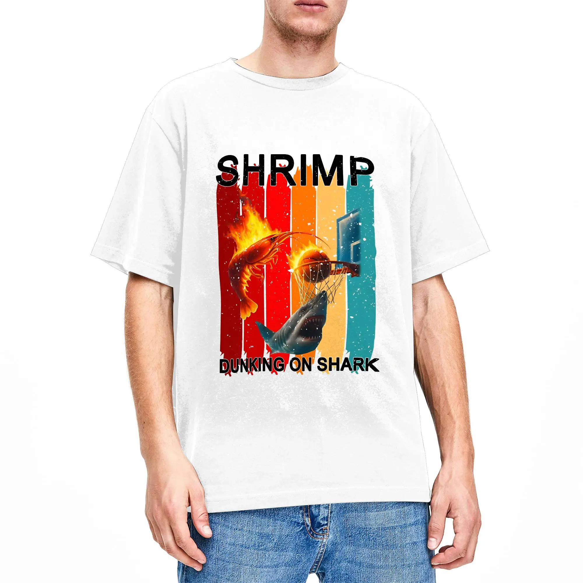 Flaming Shrimp Dunks on Shark T Shirt Summer Cool T Shirts Men Cotton O Neck Plus Size 5XL Clothes Short Sleeve Y2K Basic Tops