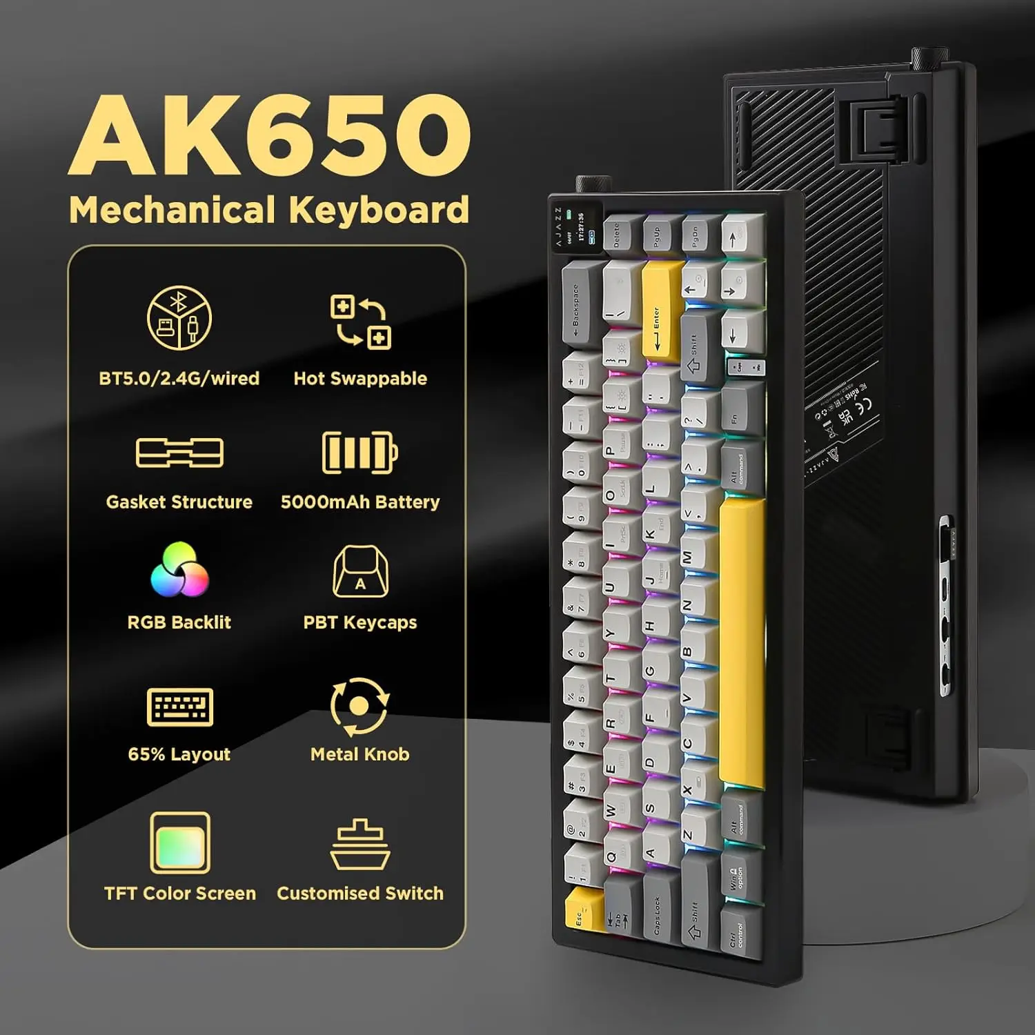 AJAZZ AK650 TFT-Farbbildschirm Flyfish-Schalter Mechanische Tastatur BT5.0/2.4G/kabelgebundene Hot-Swapabio South-Facing-LEDs