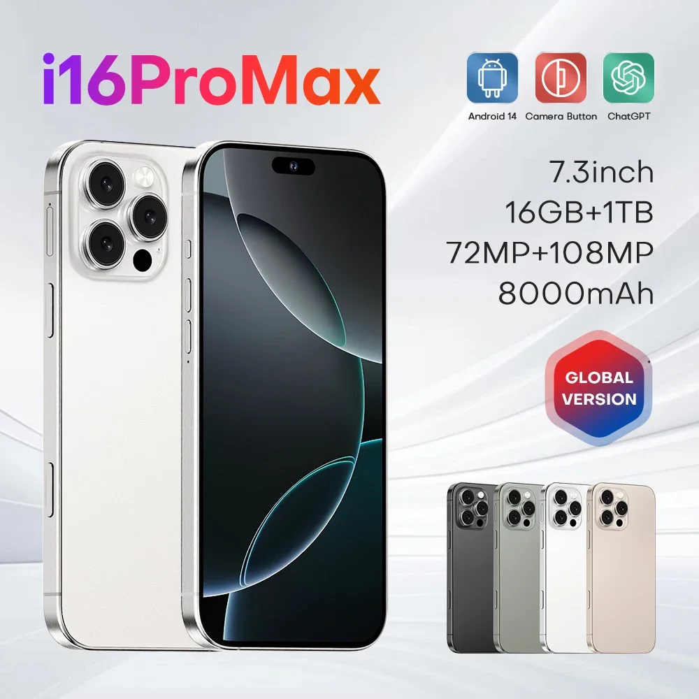 

Global Version i16 Pro Max Android Smart Original Phone 7.3 Inch HD Screen Dual Standby 5G 108MP Camera 8000mAh Unlocked Phone