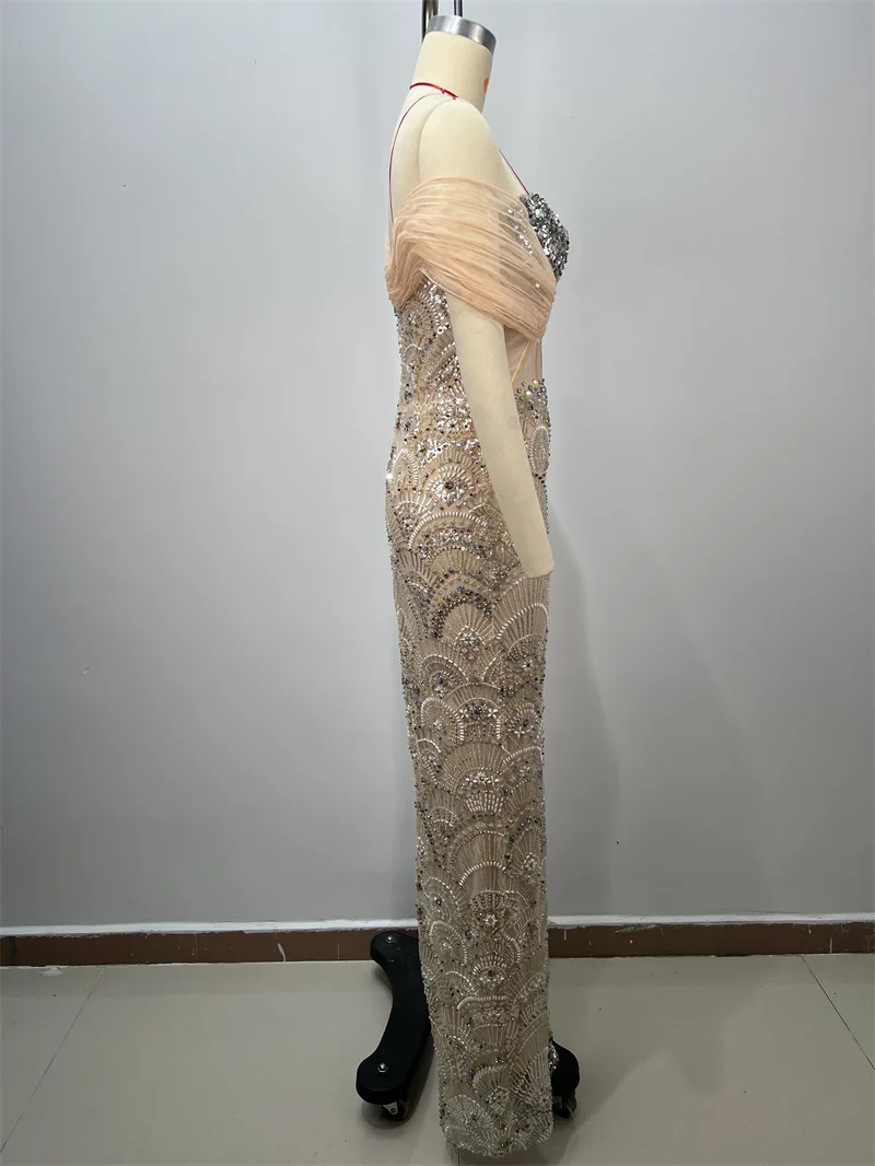 Luksusowa Sukienka Wieczorowa Damska z Kryształami i Perłami, Szampańska, Seksowna, Bez Rękawów, Długa, Formalna, Ołówkowa, na Bal, Konkurs Piękności, Imprezę, Wesele, Szata