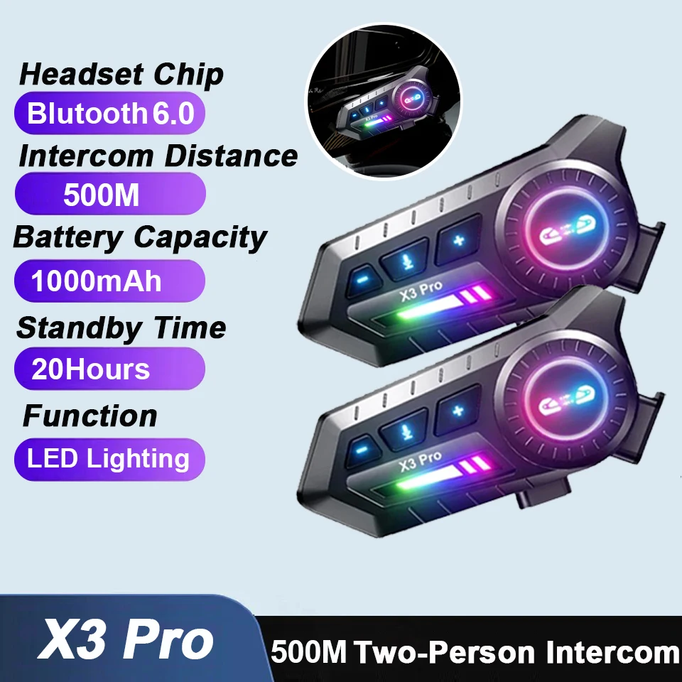 Bluetooth 6.0 Motorcycle Intercom Helmet Headset  500M For 2 Riders Intercommunicator NoiseReduction FM Radio with Ambient light