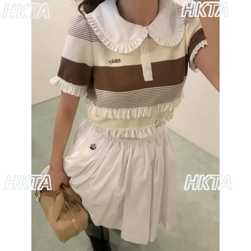 Japanese Sweet Ruffle Striped Polo Shirt Short-sleeved T-shirts Women's Summer High Waist Contrasting Color Splicing Top T Shirt