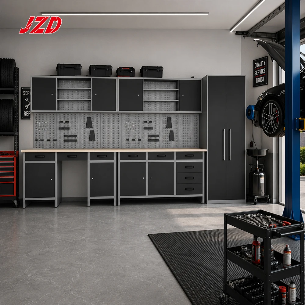 JZD Industrial Steel Garage Storage Cabinet Set Modular Workshop Workbench With Mobile Tool Trolley and Pegboard Wall Unit