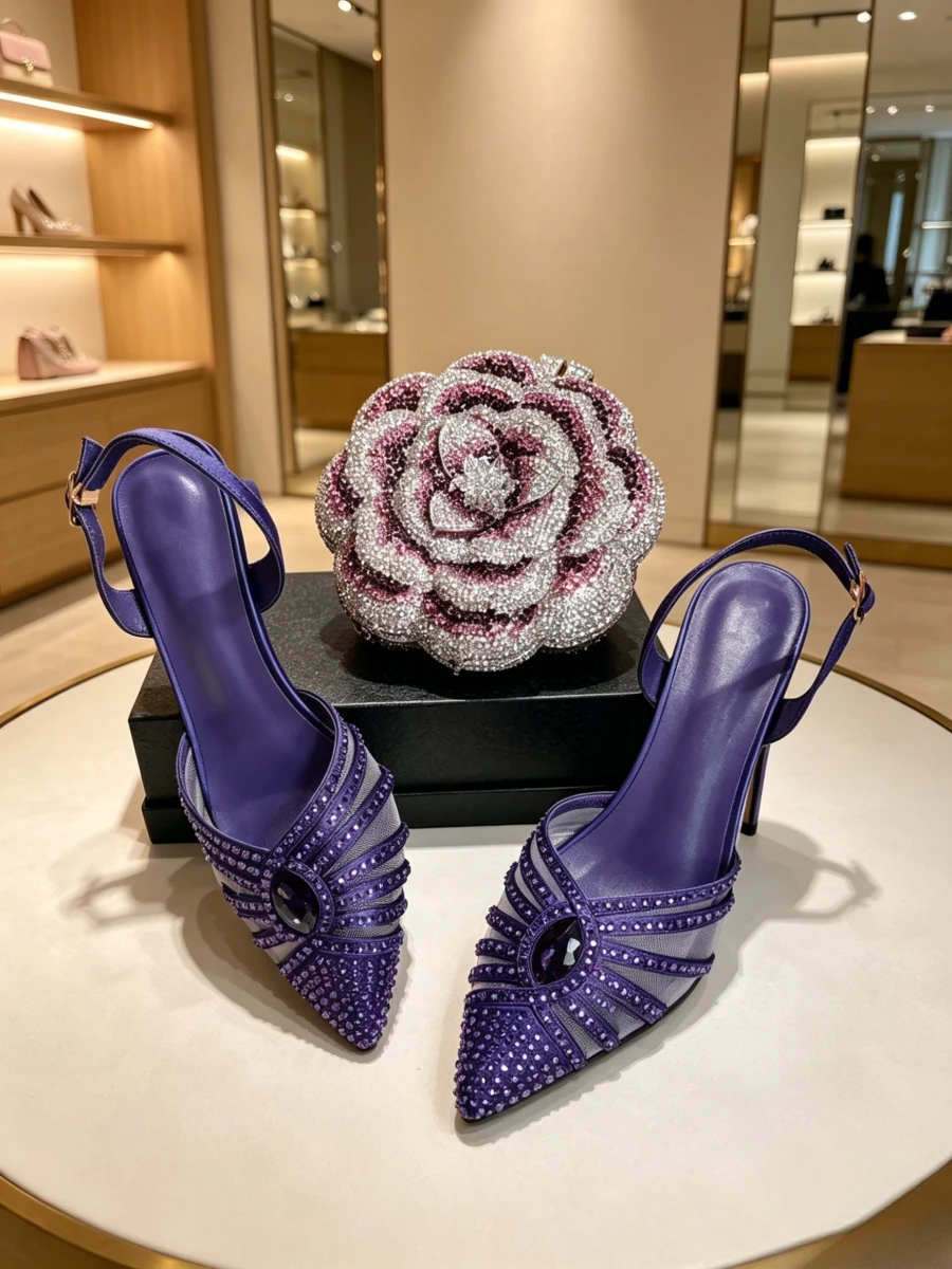 Zapatos de tacón de aguja con cristales y diamantes de colores 2026, sin talón, para pasarela, moda, fiesta, noche, banquete, conjunto de zapatos y bolso para mujer