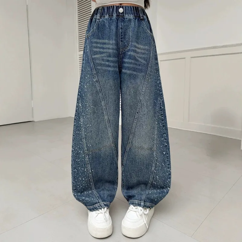 Kinder Mädchen Jeans UNITIM Herbst Junge Teenager Mädchen Glänzende Denim-Hosen Lose Elastische Taille Junior 4-14J Mädchen Weite Hosen – Detail 3