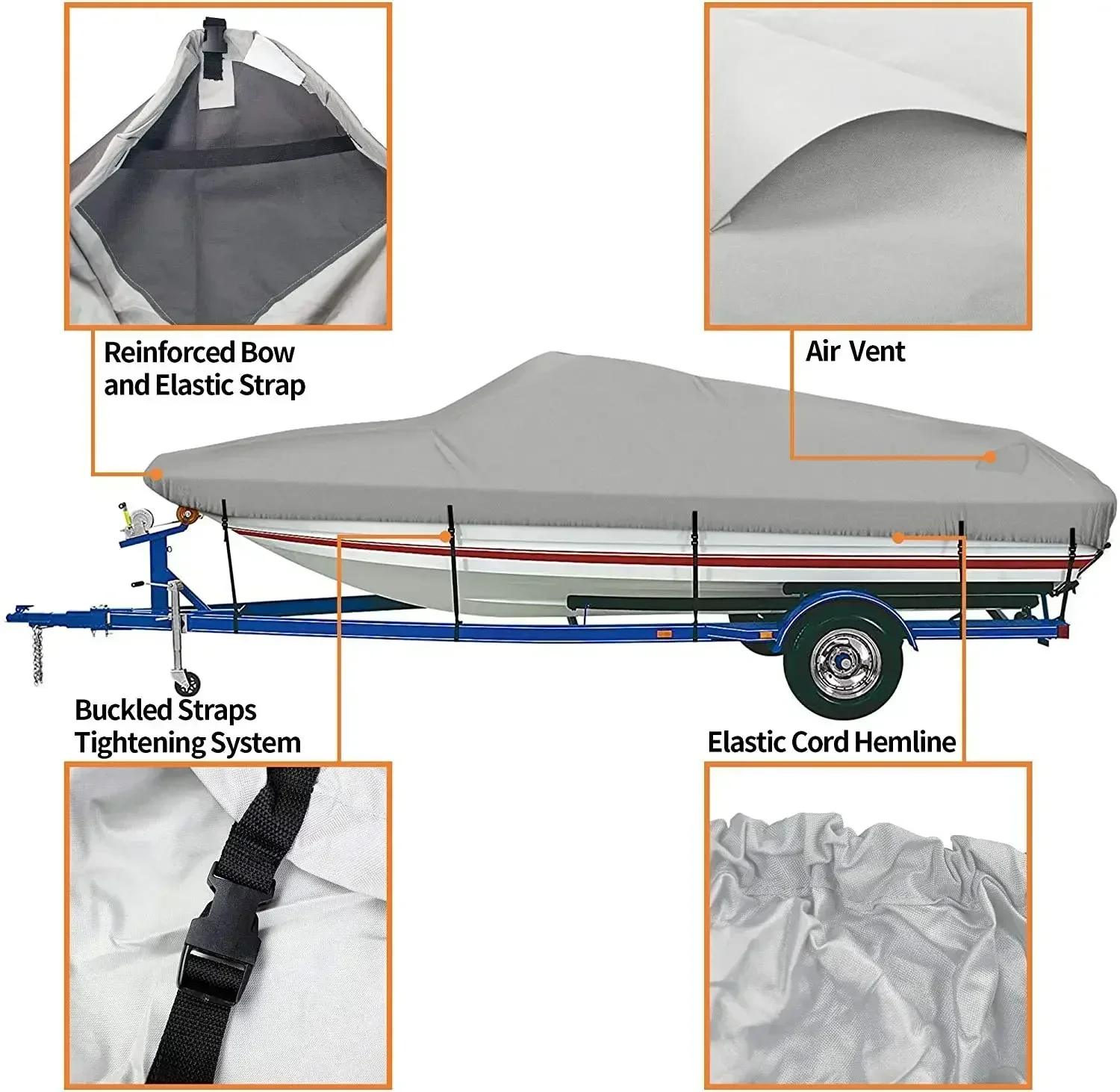 

600D 10-24FT V-Trailer Boat Cover Outdoor Oxford Cloth Rainproof Anti-UV Dust Cover Marine Trailerable Canvas Boat Accessories